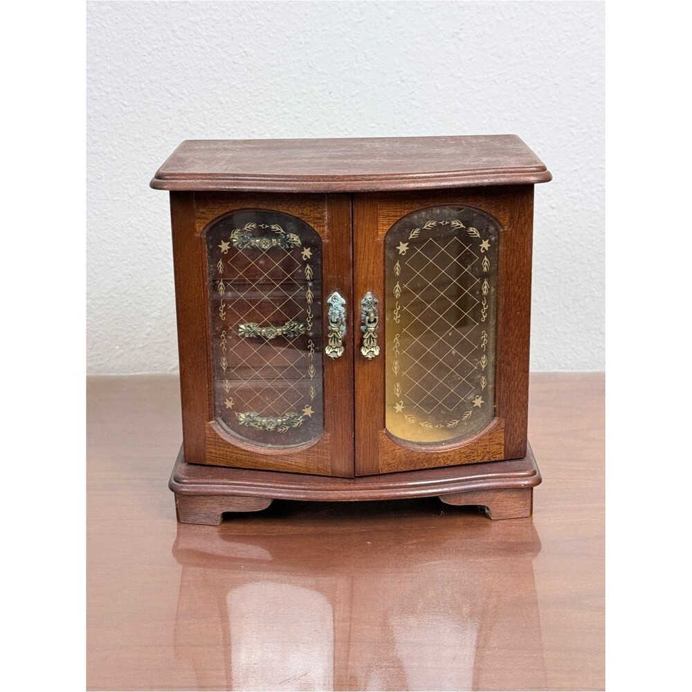 Vintage 3 Drawer Wooden Glass Doors Musical Jewelry Box, It’s a Small World